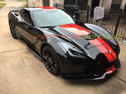 Black C7 Corvette Stingray with red GM full racing stripes