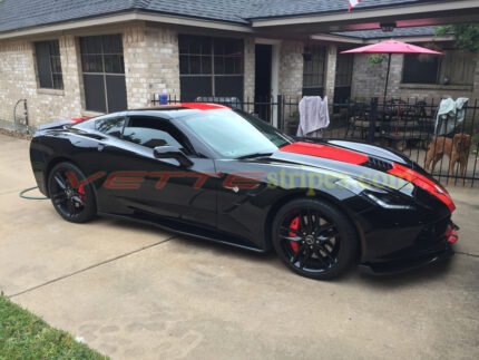 Black C7 Corvette Stingray with red GM full racing stripes