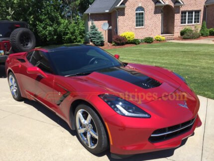 Crystal red C7 Corvette Stingray with 3M 1080 carbon flash hood stinger stripe