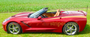 Crystal red C7 Corvette Stingray convertible with gloss kalahari side stripe 3 graphic