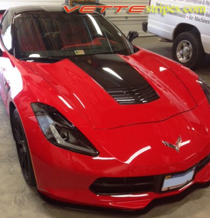 Torch red C7 Corvette Stingray with 3M 1080 carbon flash hood stinger stripe