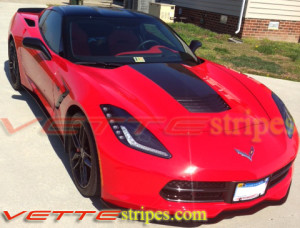Torch red C7 Corvette Stingray with 3M 1080 carbon flash hood stinger stripe