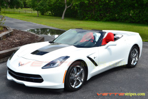 White C7 Corvette Stingray with 3M 1080 carbon flash hood stinger stripe