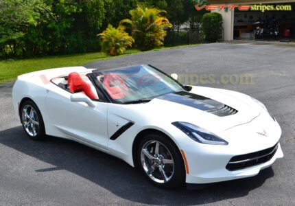 White C7 Corvette Stingray with 3M 1080 carbon flash hood stinger stripe