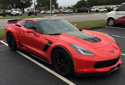 Red C7 Corvette Z06 with carbon flash stinger stripes