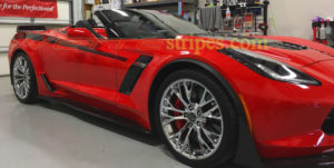 Torch red Z06 convertible with Yenko style side stripes and custom letters cutout