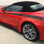 Torch red Z06 convertible with Yenko style side stripes and custom letters cutout