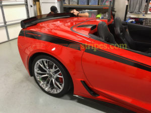 Torch red Z06 convertible with Yenko style side stripes and custom letters cutout
