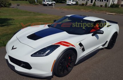 White C7 Corvette grand sport with Laguna blue center stripes and red fender hash marks