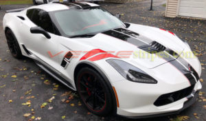 White C7 Grand sport with red and carbon flash ME fender hash marks stripes
