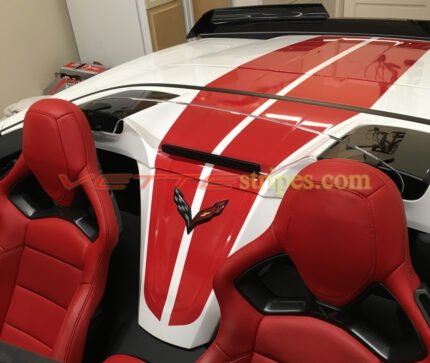 White C7 Z06 with gloss red close match red interior GM full length dual racing stripe