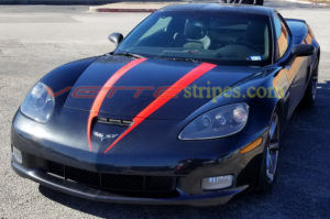 Black C6 Corvette Grand Sport with red Hero stripes