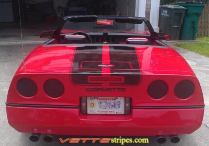 Red C4 Corvette convertible with black CE1 stripe