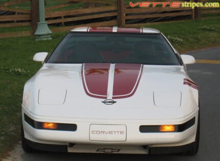 White C4 Corvette with metallic maple red CE stripes