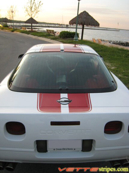 White C4 Corvette with metallic maple red CE stripes