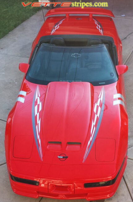 C4 corvette silver and gunmetal super hood spear stripe