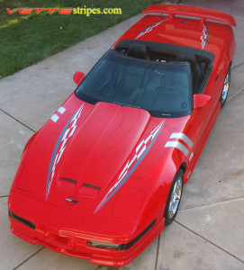 C4 corvette silver and gunmetal super hood spear stripe