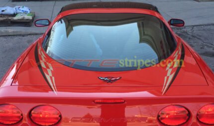 C5 Corvette torch red coupe with black and light gold super hood stripe