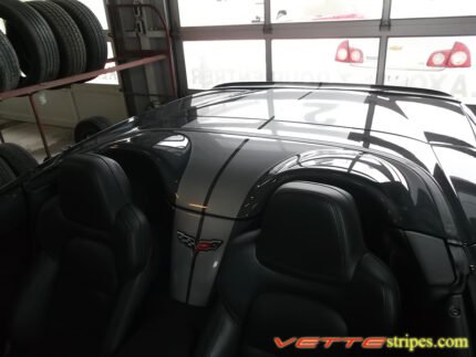 Cyber gray C6 Corvette Grand Sport convertible with metallic silver GM full length racing stripe