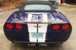 C6 Corvette Lemans Blue with white and red full length racing stripe 3 and custom jake for the rear