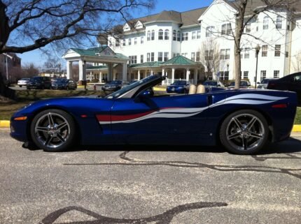 Lemans blue C6 Corvette side stripe graphic decal in silver and red