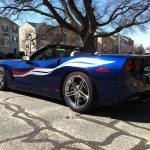 Lemans blue C6 Corvette with silver and crystal red side stripe graphic decals