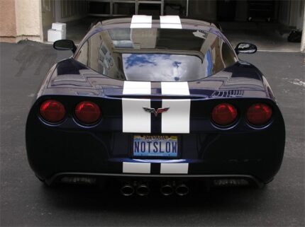 Lemans blue C6 corvette coupe with white dual racing stripes