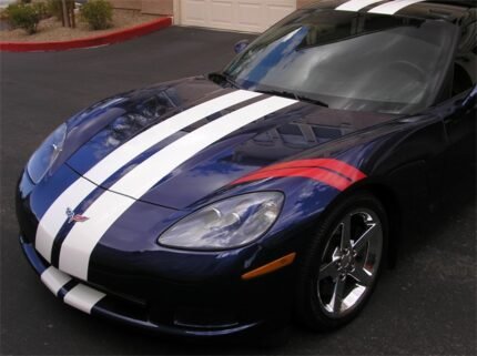 Lemans blue C6 corvette coupe with white dual racing stripes