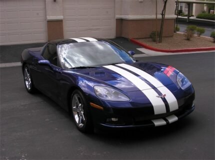 Lemans blue C6 corvette coupe with white dual racing stripes