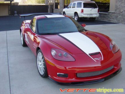 Red C6 Corvette Z06 Grand Sport with white and matte black ME stripe