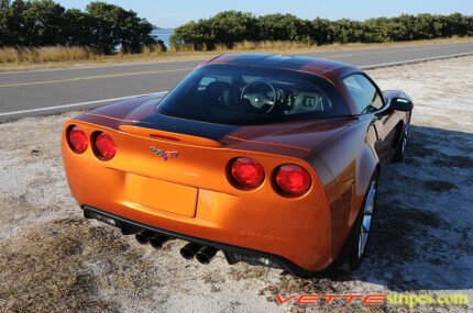 Atomic orange C6 Corvette Z06 with gloss black ME3 stripe