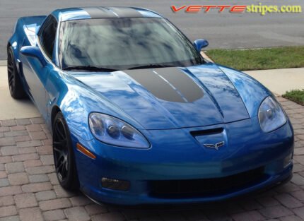 C6 Corvette Z06 jet stream blue with matte black centennial edition stripe graphic