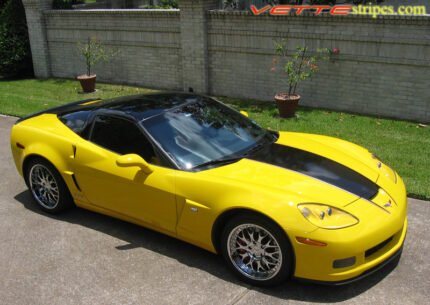 yellow C6 Corvette Z06 with black and red ME3 stripe