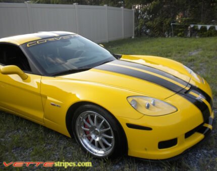 yellow C6 Corvette Z06 with black racing 2 stripe