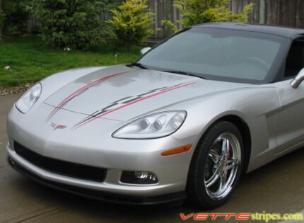 Silver C6 Corvette super hood stripe in black and red