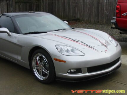 Silver C6 Corvette super hood stripe in black and red