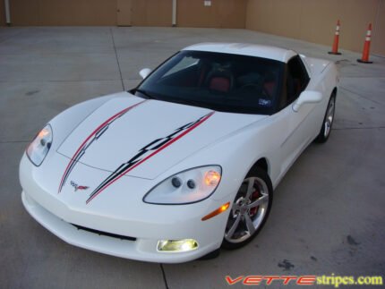 arctic white C6 Corvette super hood stripe in black and red