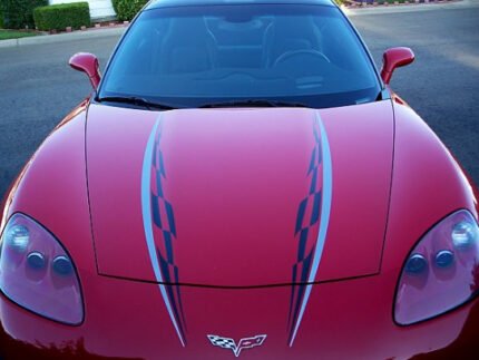 Red C6 Corvette super hood stripe in black and silver