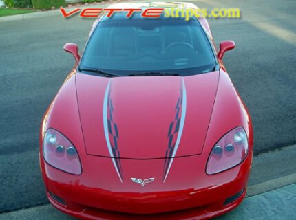 Red C6 Corvette super hood stripe in black and silver