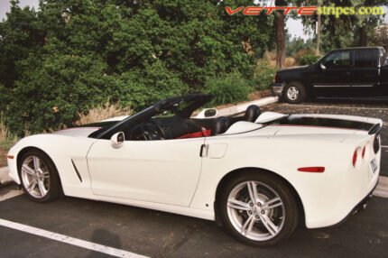 Arctic white C6 Corvette convertible with black and red ME stripes with optional rear back bumper stripes