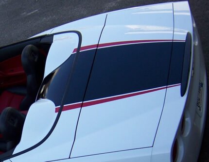 Arctic white C6 Corvette convertible with black and red ME stripes