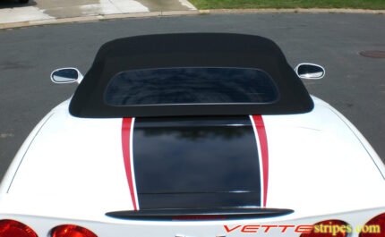 Arctic white C6 Corvette convertible with black and red ME stripes