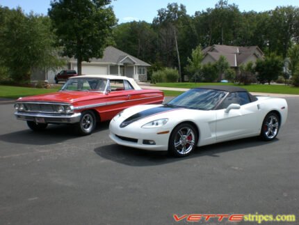 Arctic white C6 Corvette convertible with black and red ME stripes