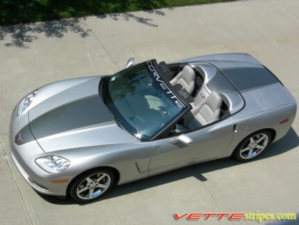 Machine silver C6 Corvette convertible with medium charcoal and charcoal ME stripes