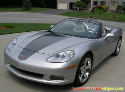 Machine silver C6 Corvette convertible with medium charcoal and charcoal ME stripes