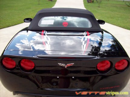 C6 Corvette convertible super hood stripe in silver and red with rear option