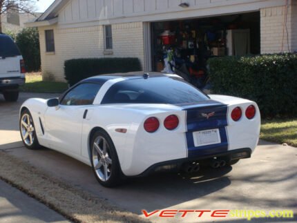 Arctic white C6 Corvette coupe with grand blue and charcoal ME stripe