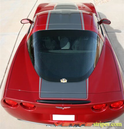 Magnetic red C6 Corvette coupe with medium charcoal and charcoal ME4 stripe