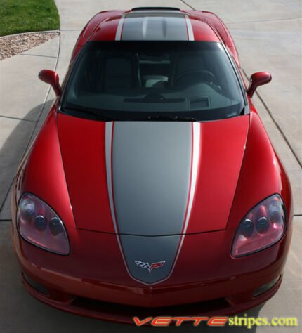 Magnetic red C6 Corvette coupe with medium charcoal and charcoal ME4 stripe