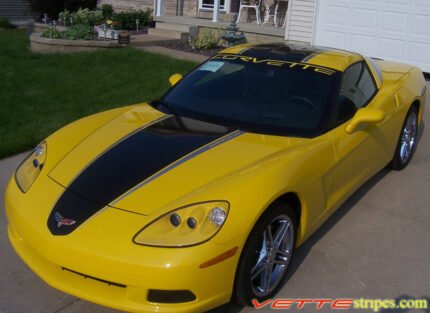 Yellow C6 Corvette coupe with black and silver ME stripe